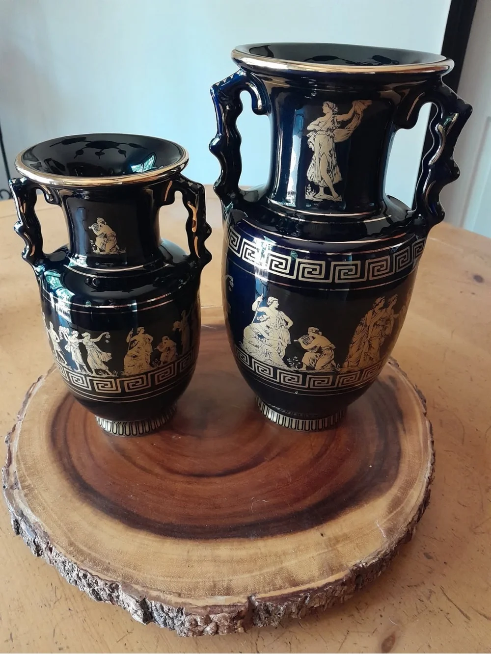 Set of Two Decorative Urns with Gold Greek Motif